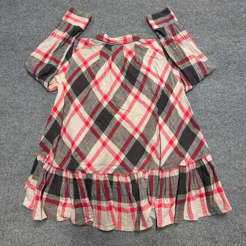 Free People Women’s Preppy in Plaid Ruffle Button-Down Tunic Top Camden Shirt M - Picture 6 of 7